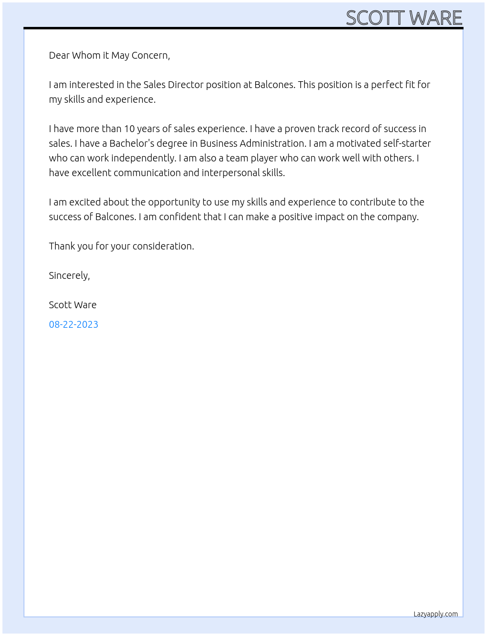 Sales Director At Balcones Cover Letter