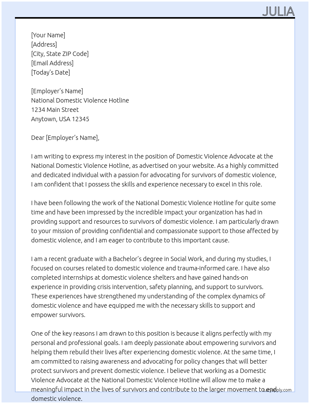 domestic violence advocate At national domestic violence hotline Cover Letter