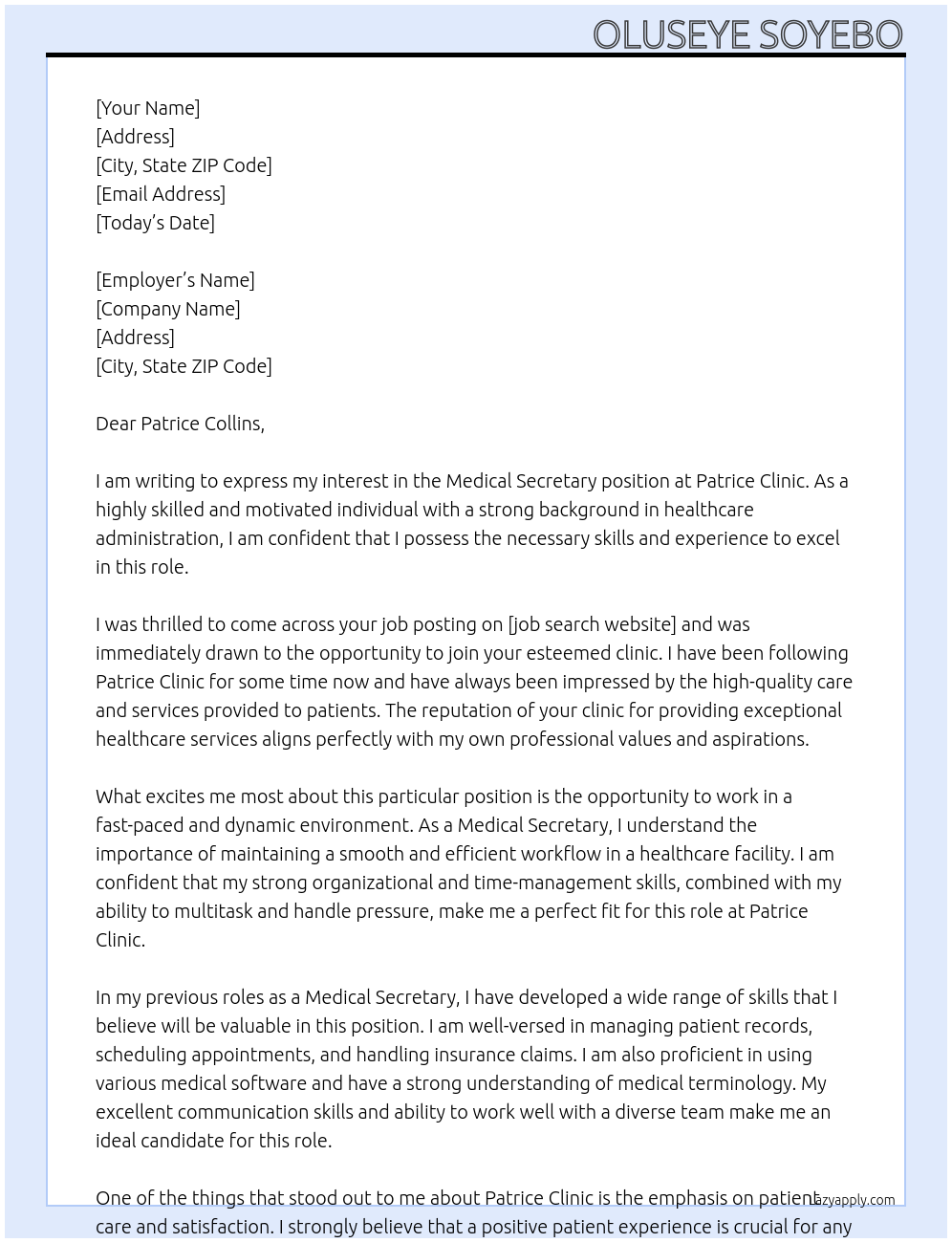 Medical Secretary  At Patrice Clinic Cover Letter