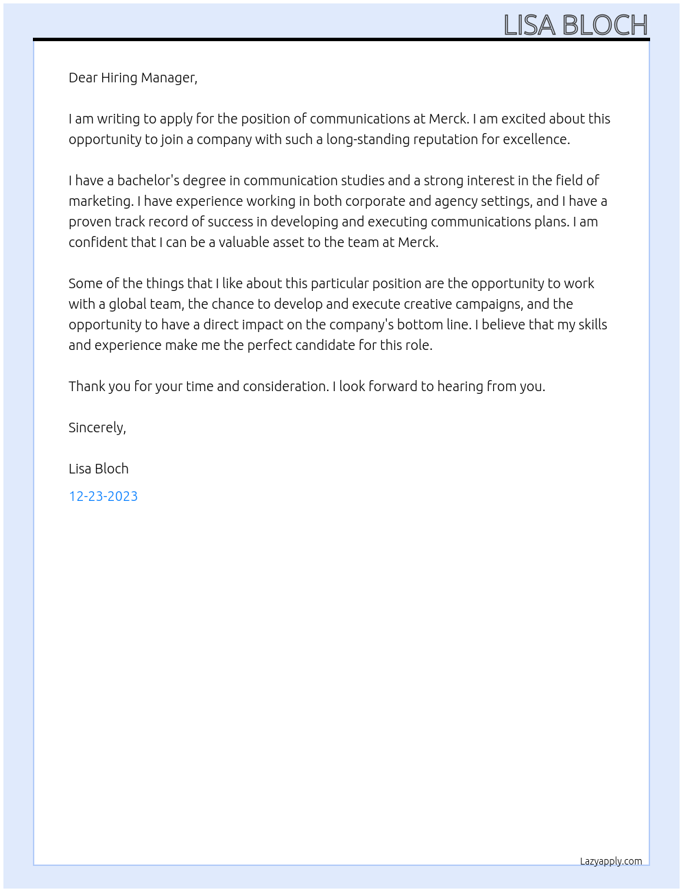 communications At merck Cover Letter