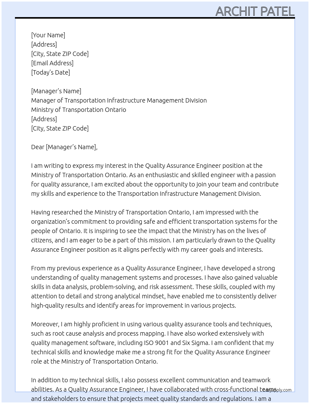 Quality Assurance Engineer At Ministry of Transportation Ontario Cover Letter