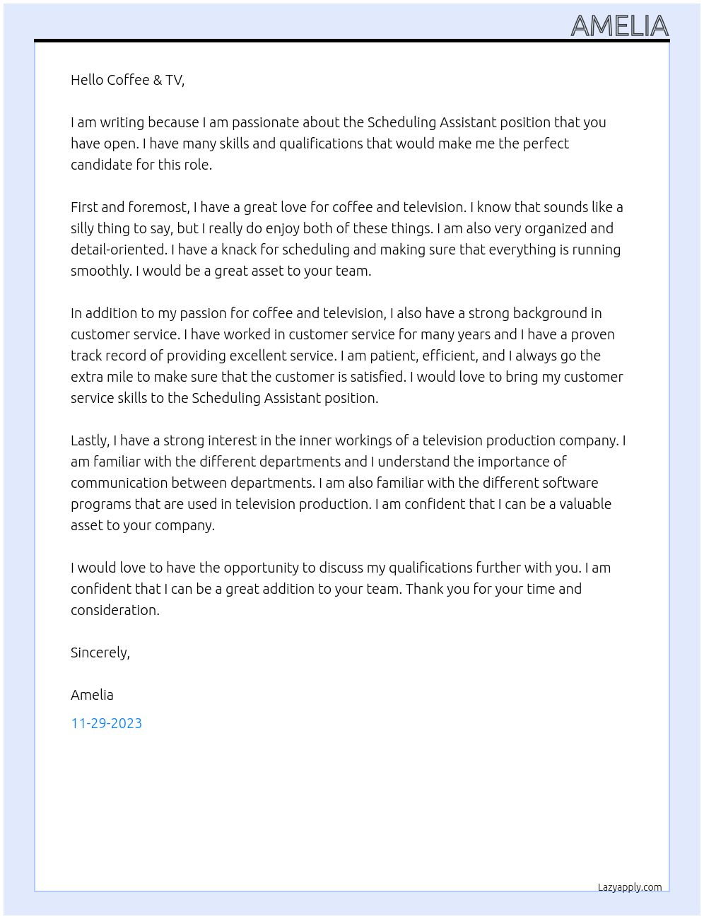 Scheduling Assistant At Coffee & TV Cover Letter