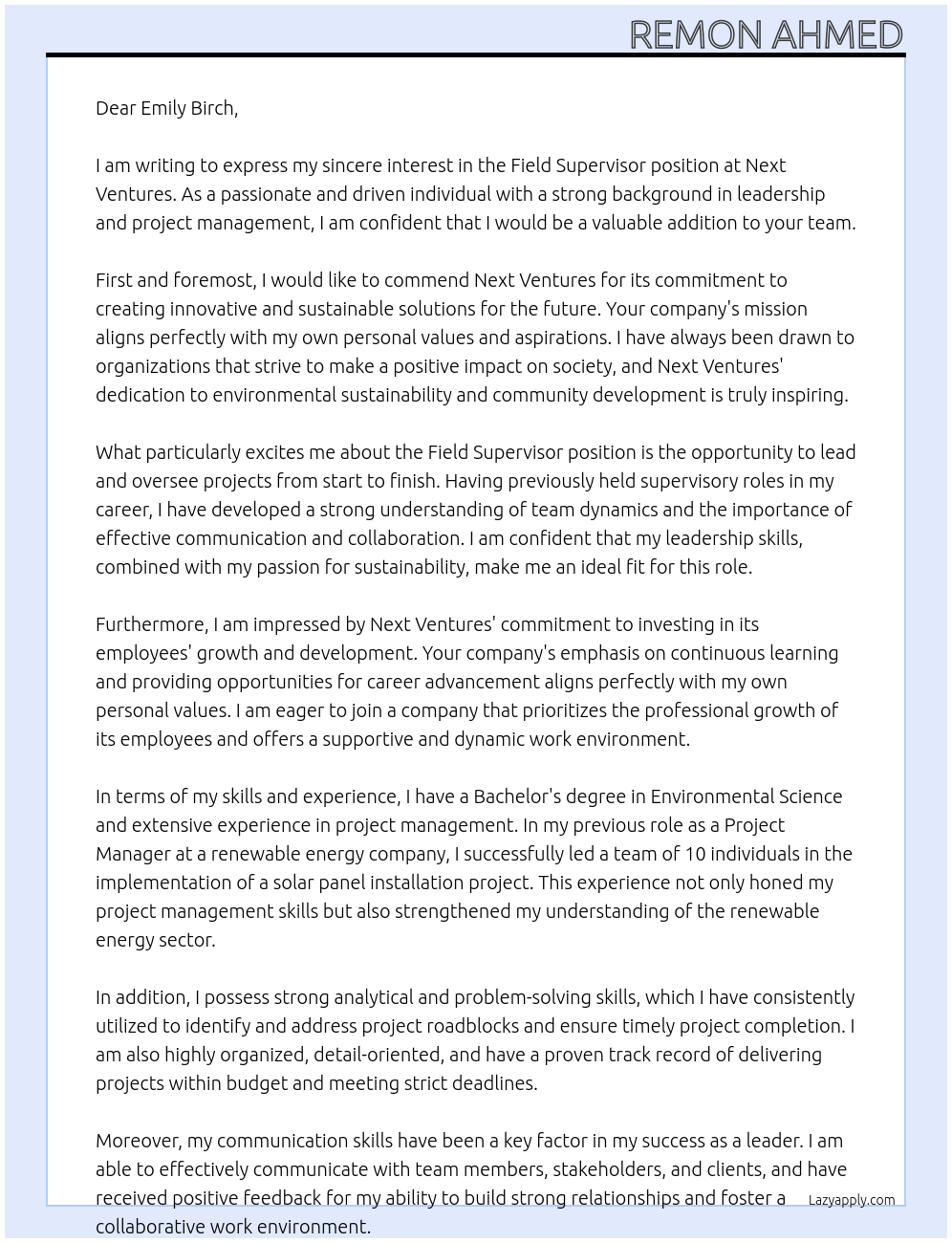 Field Supervisor At Next Ventures Cover Letter