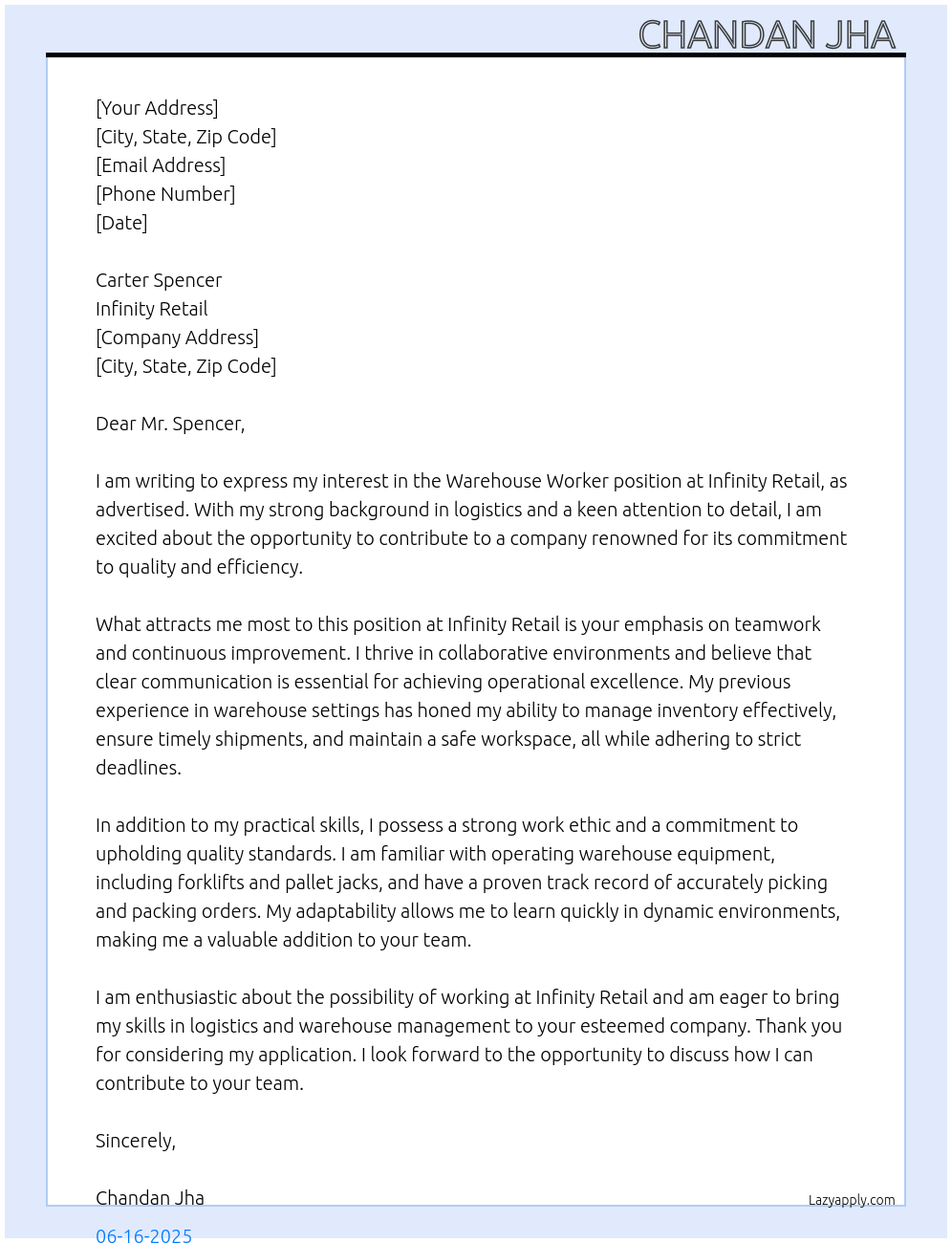 Warehouse work  At Infinity retail  Cover Letter