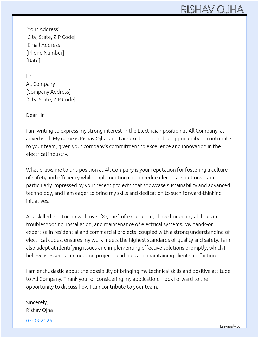 Electrician At All company Cover Letter