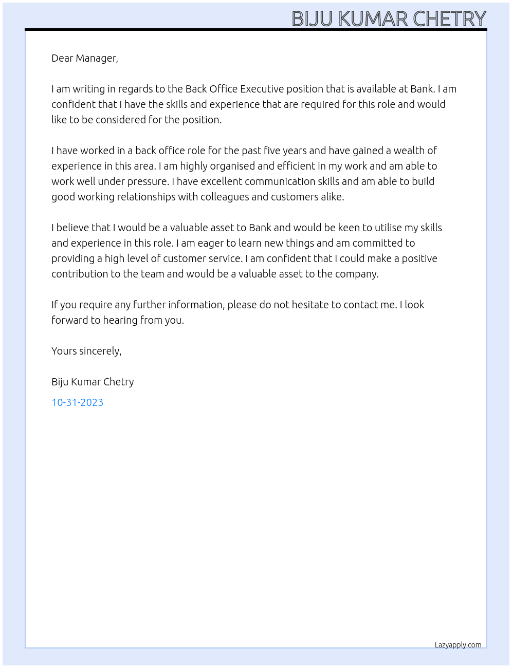 Back office executive At Bank Cover Letter