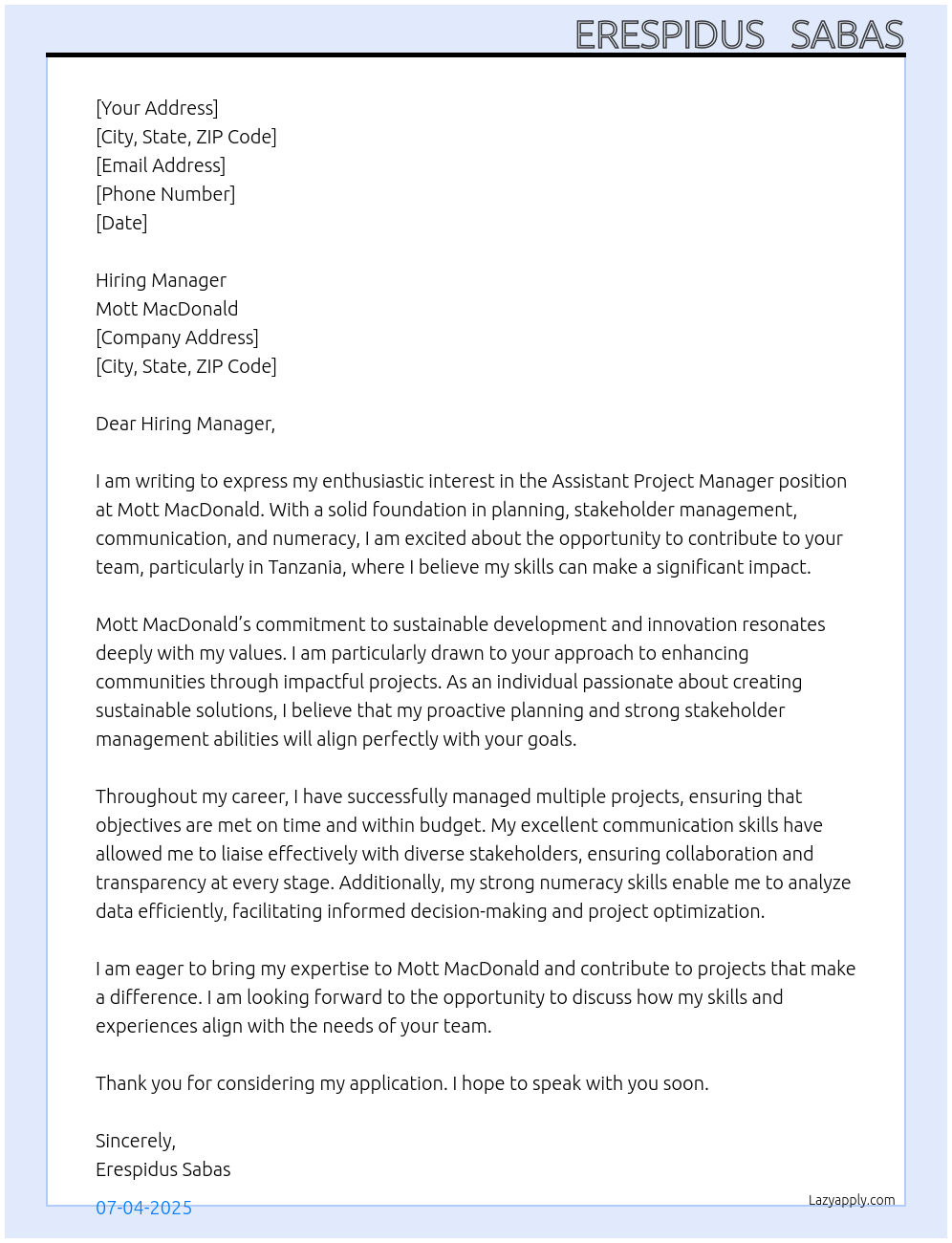 Assistant project manager At MottMacdonald Cover Letter