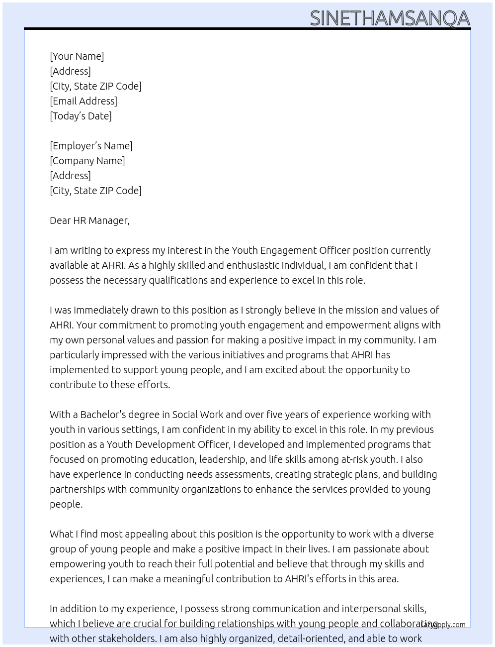 Youth engagement officer  At AHRI Cover Letter