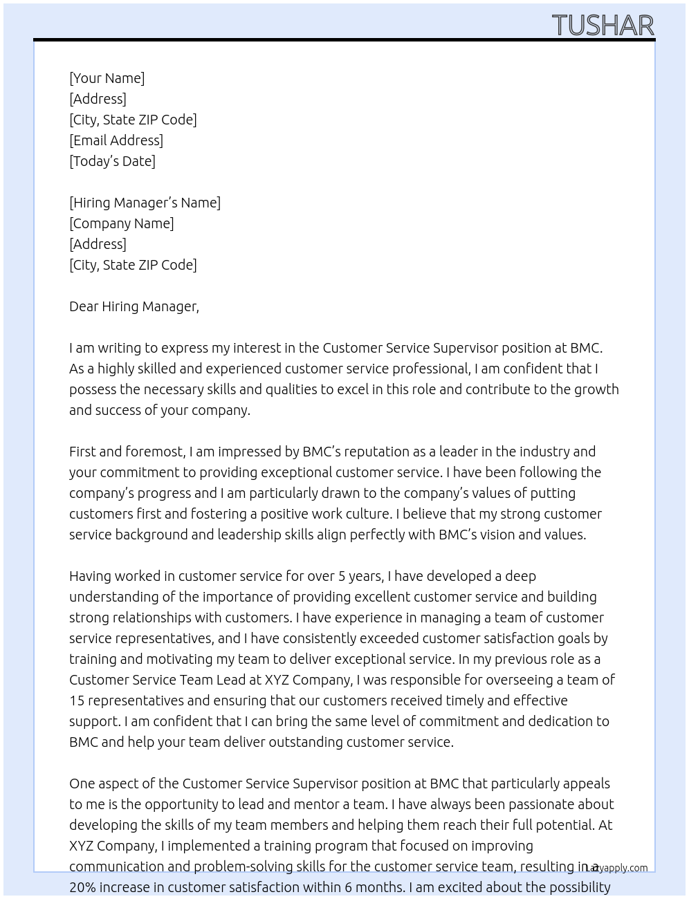 Customer service supervisor At BMC Cover Letter