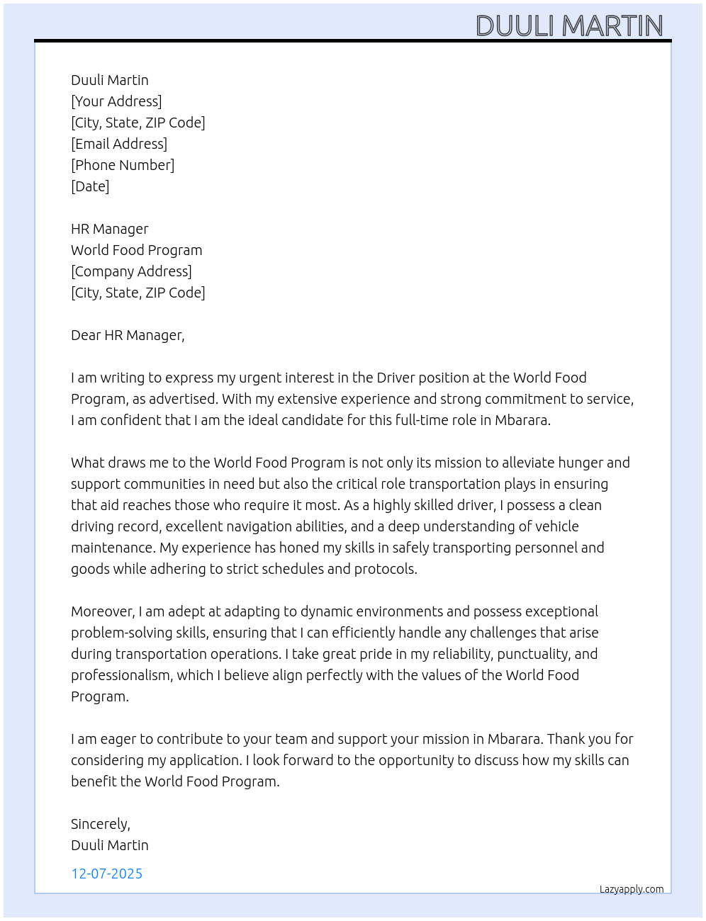 Driver At World Food Program Cover Letter