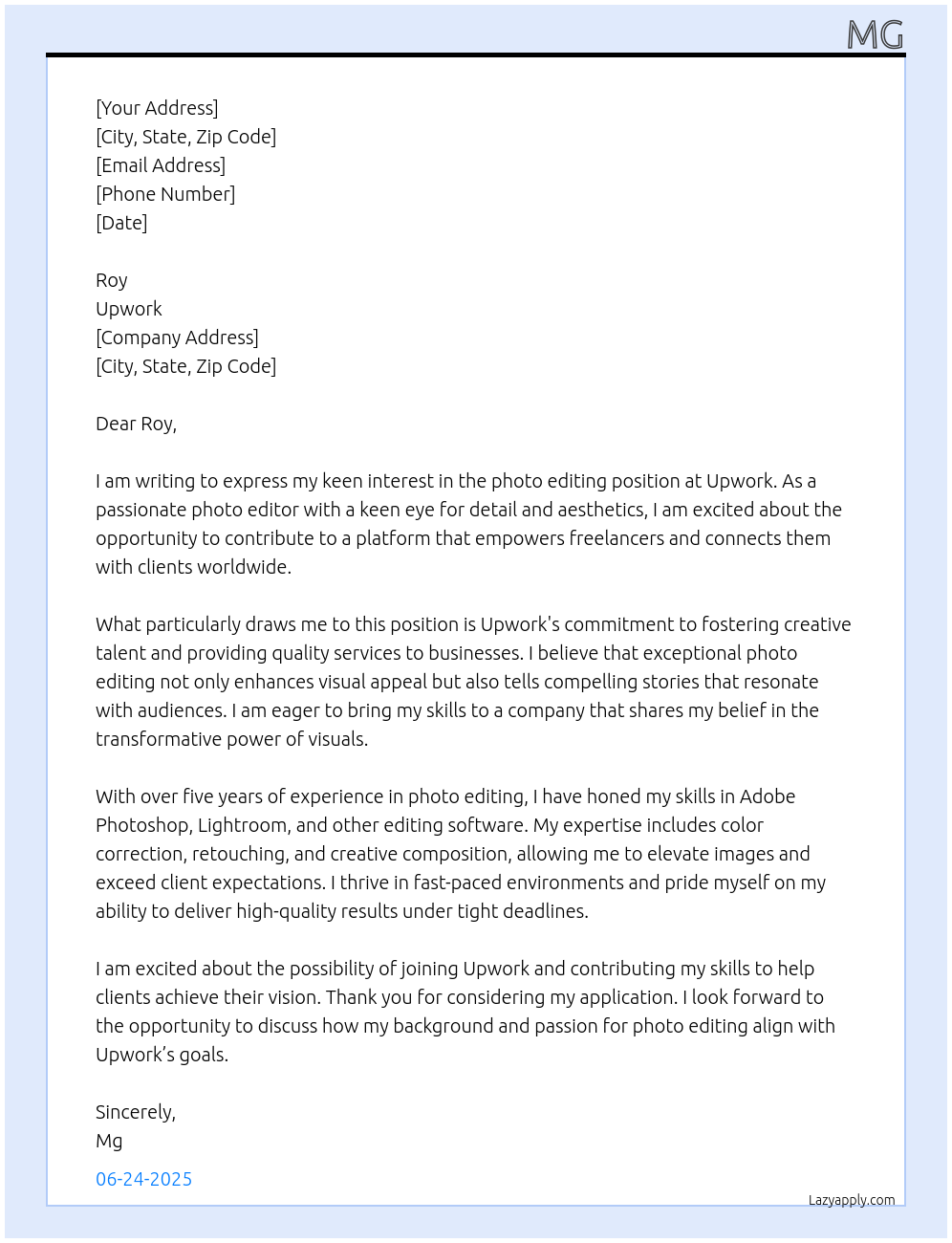 photo editing At upwork Cover Letter