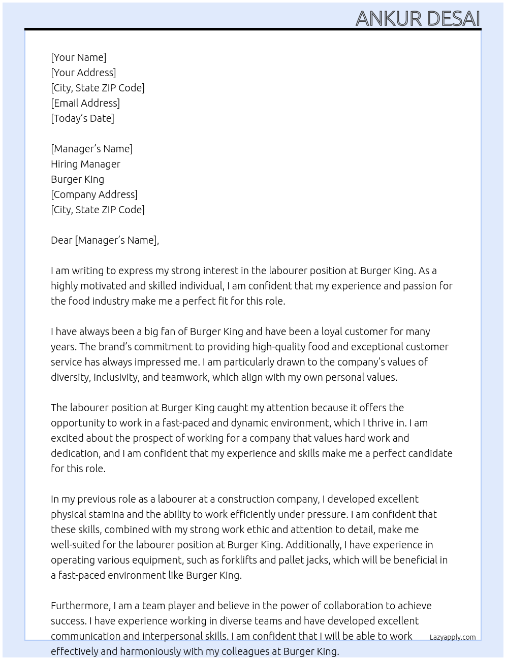 labourer At Burger King Cover Letter