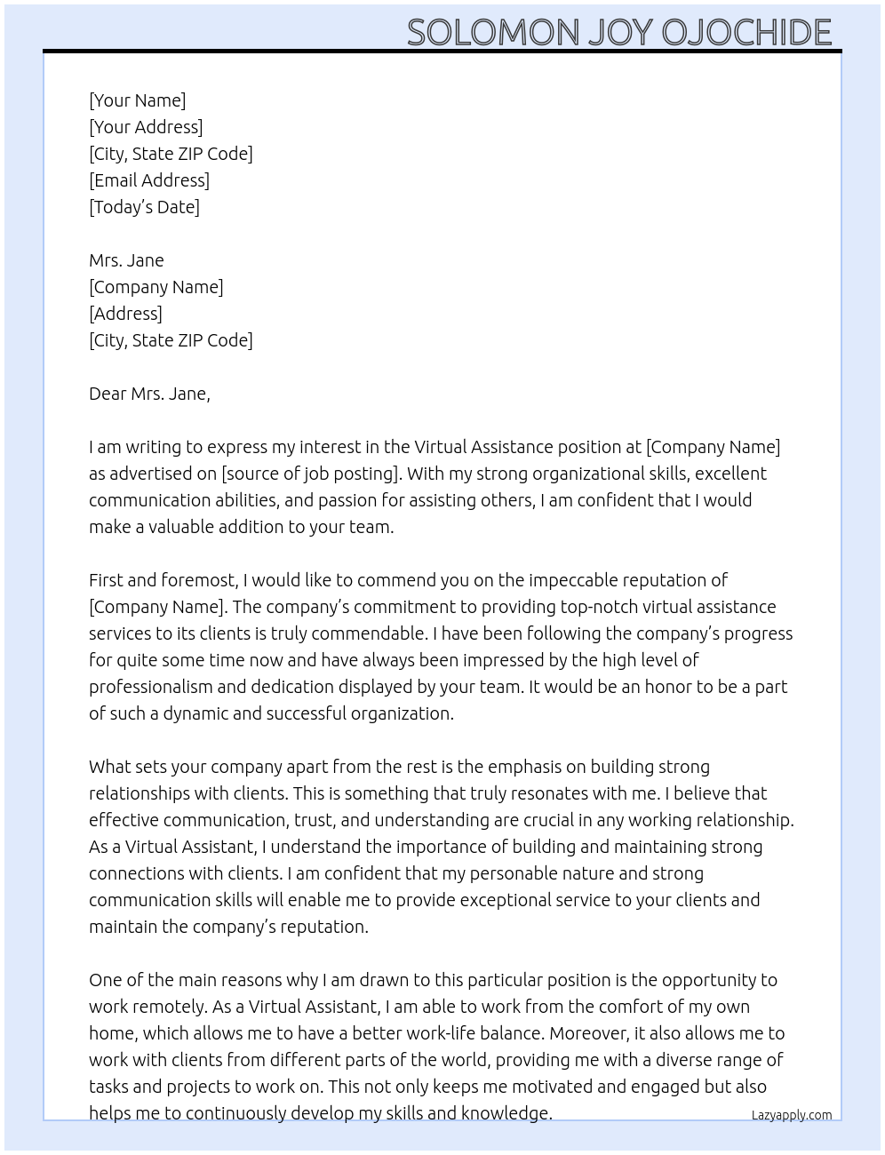 Virtual assistance At Solomon joy ojochide Cover Letter