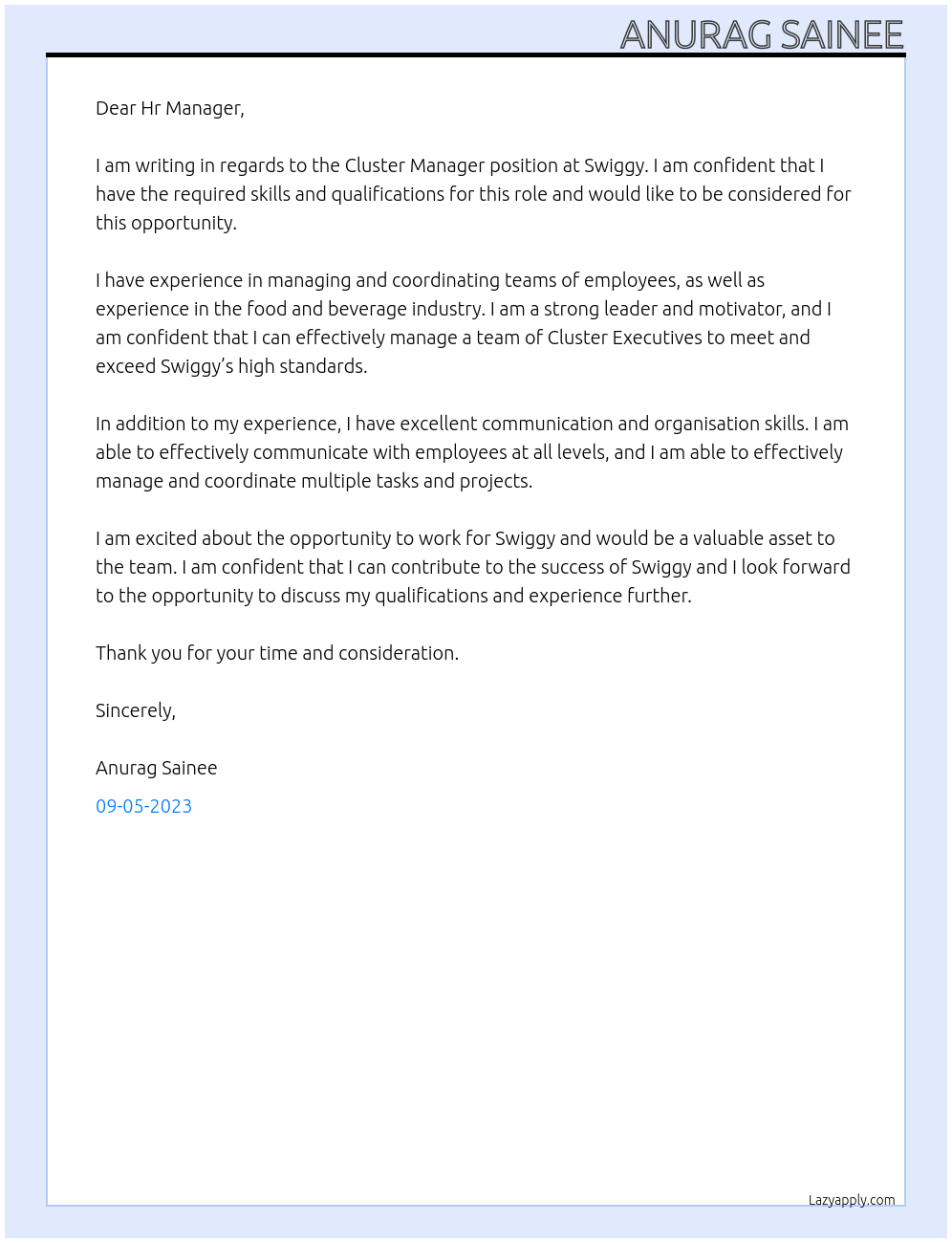 Cluster Manager At swiggy Cover Letter