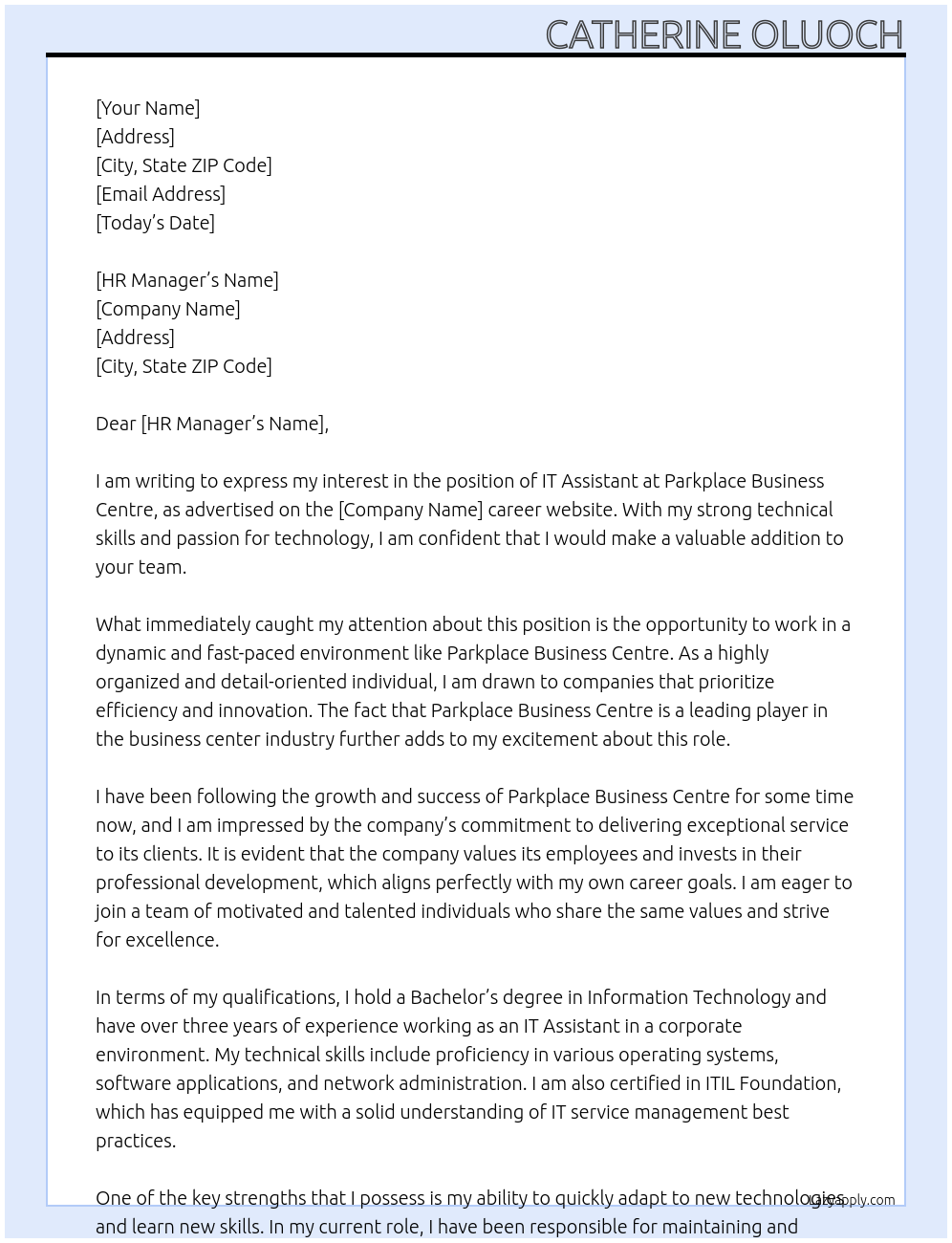 IT Assistant At Parkplace Business Centre Cover Letter