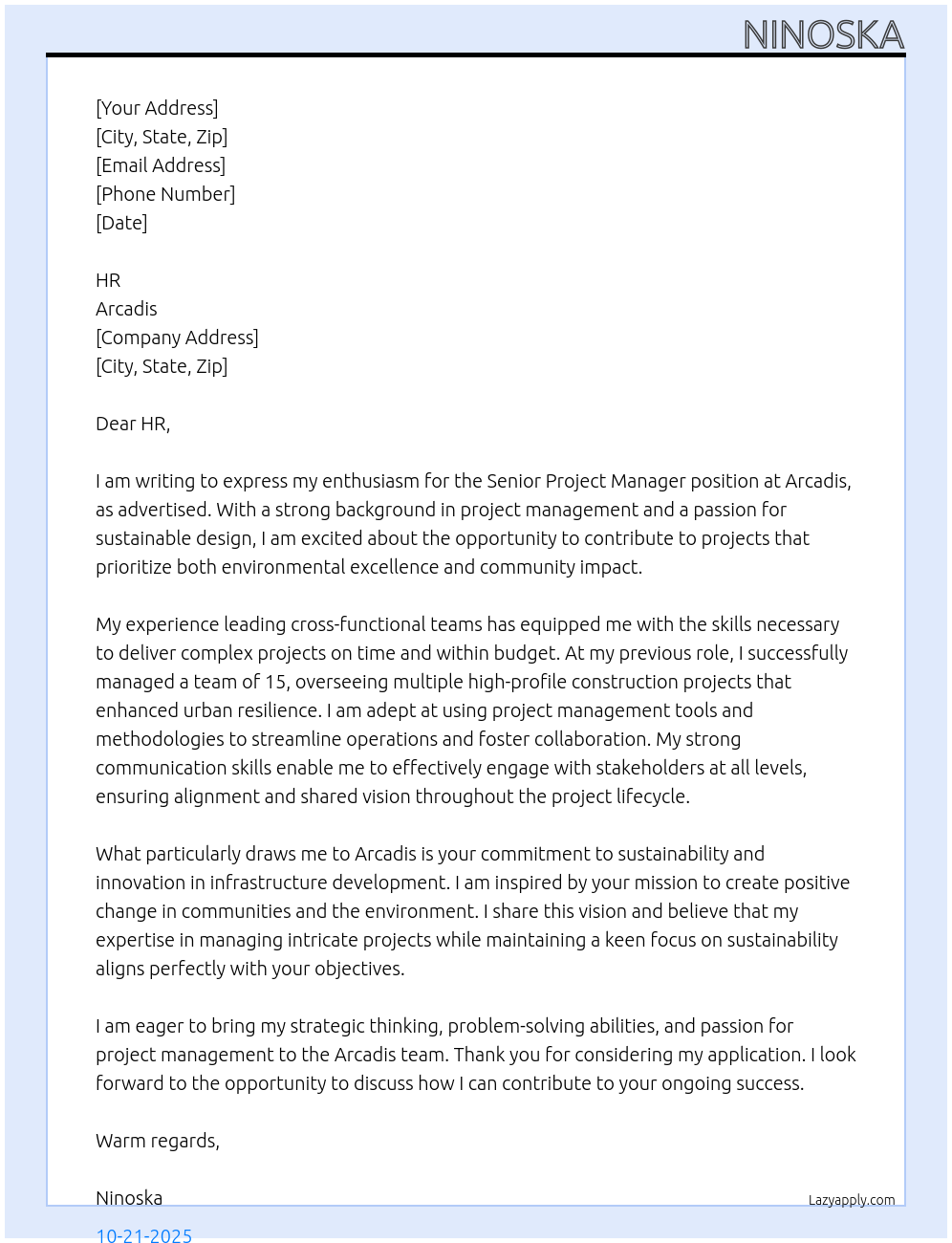Senior Project Manager At Arcadis Cover Letter