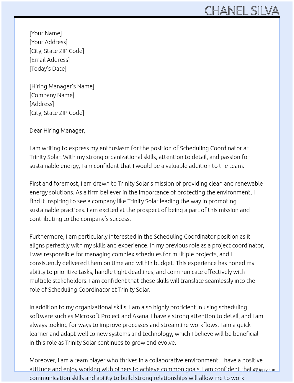 Scheduling Coordinator At Trinity Solar Cover Letter