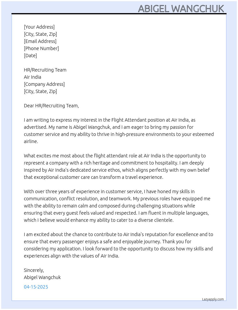 Flight attendant At Air India Cover Letter