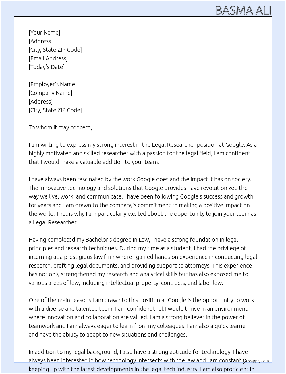 Legal Researcher At Google Cover Letter