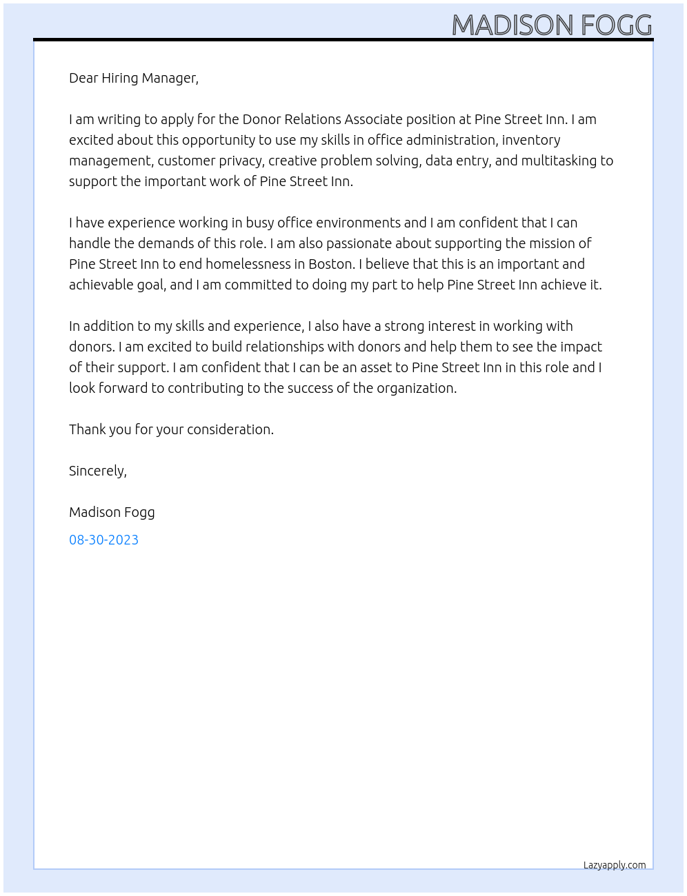 Donor Relations Associate At Pine Street Inn Cover Letter