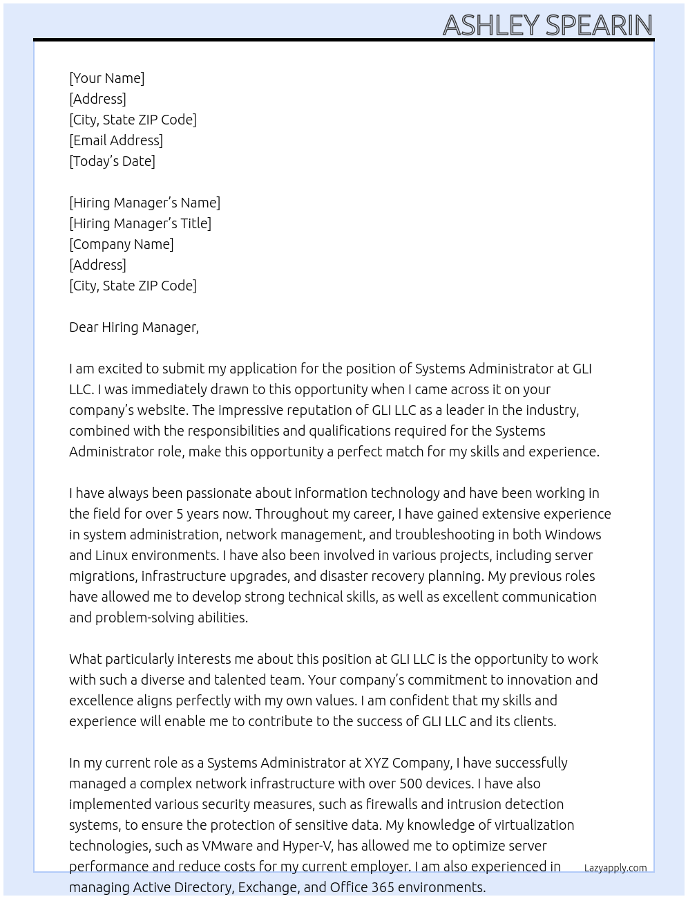 Systems Administrator At GLI LLC Cover Letter