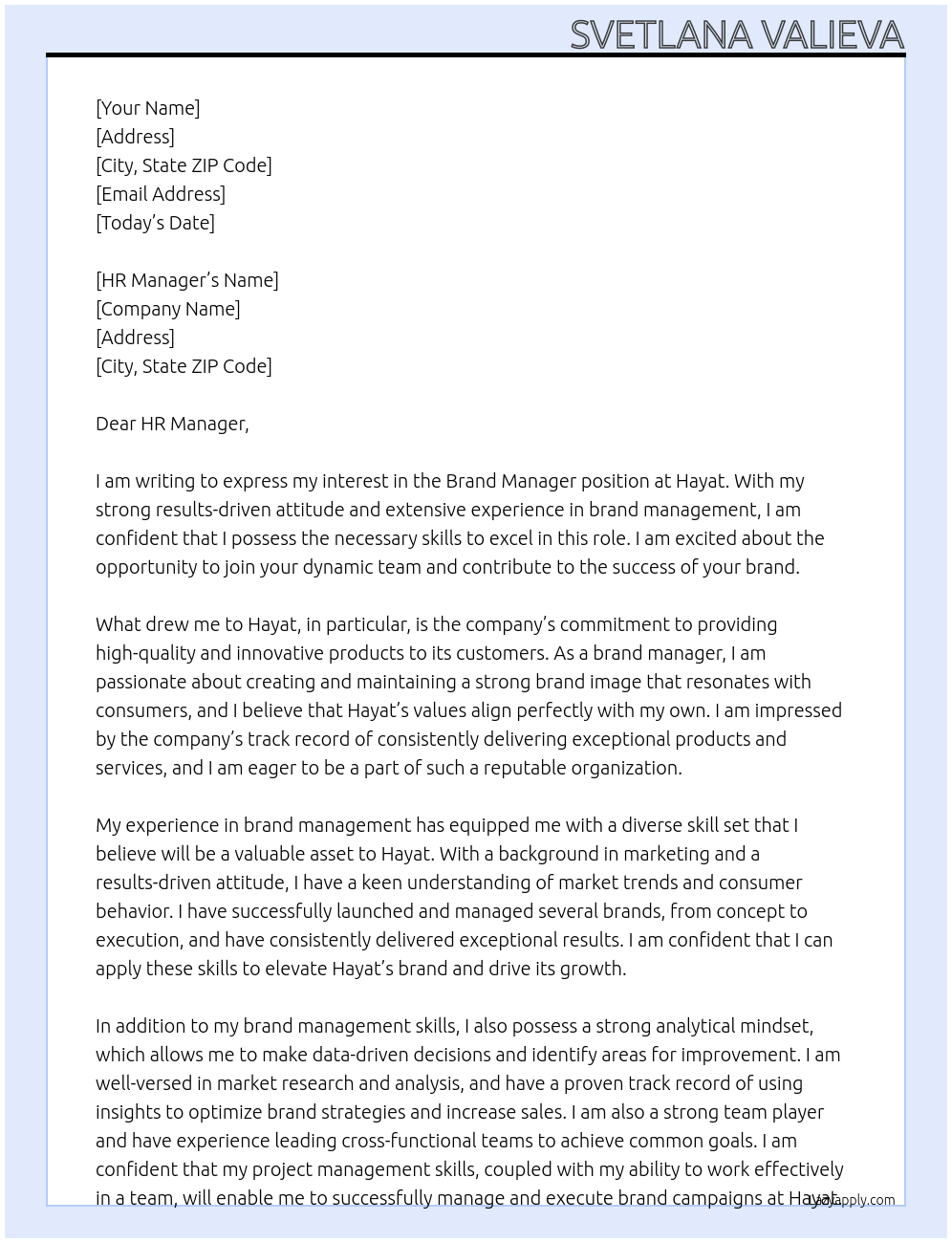 Brand Manager At Hayat Cover Letter