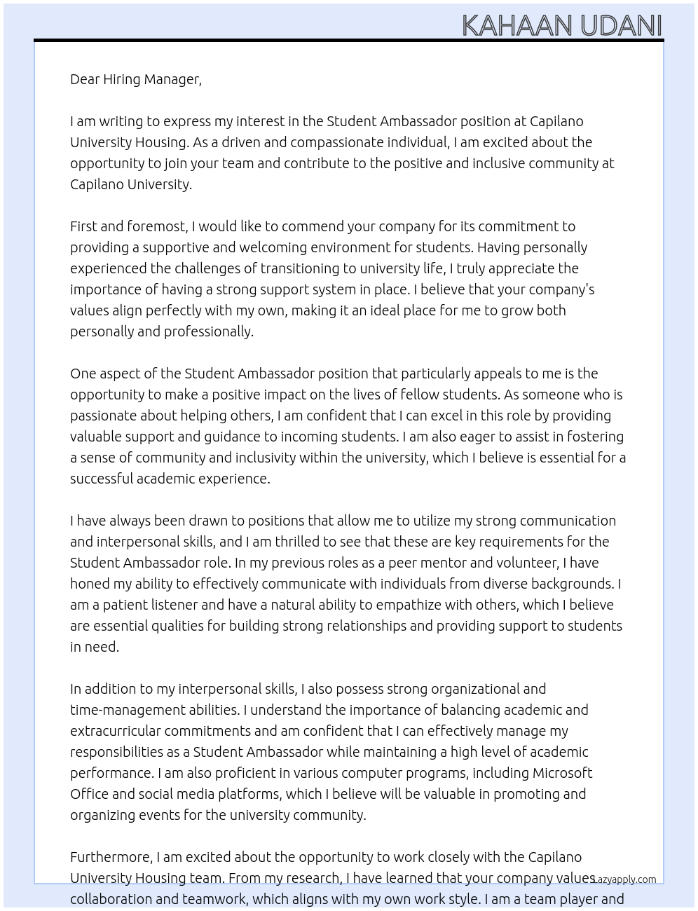 Student Ambassador At Capilano University Housing Cover Letter
