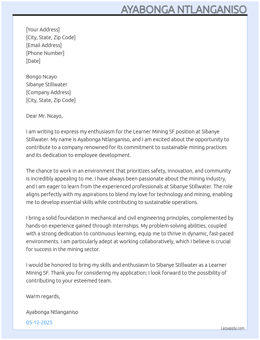 Learner Mining SF At Sibanye Stillwater Cover Letter