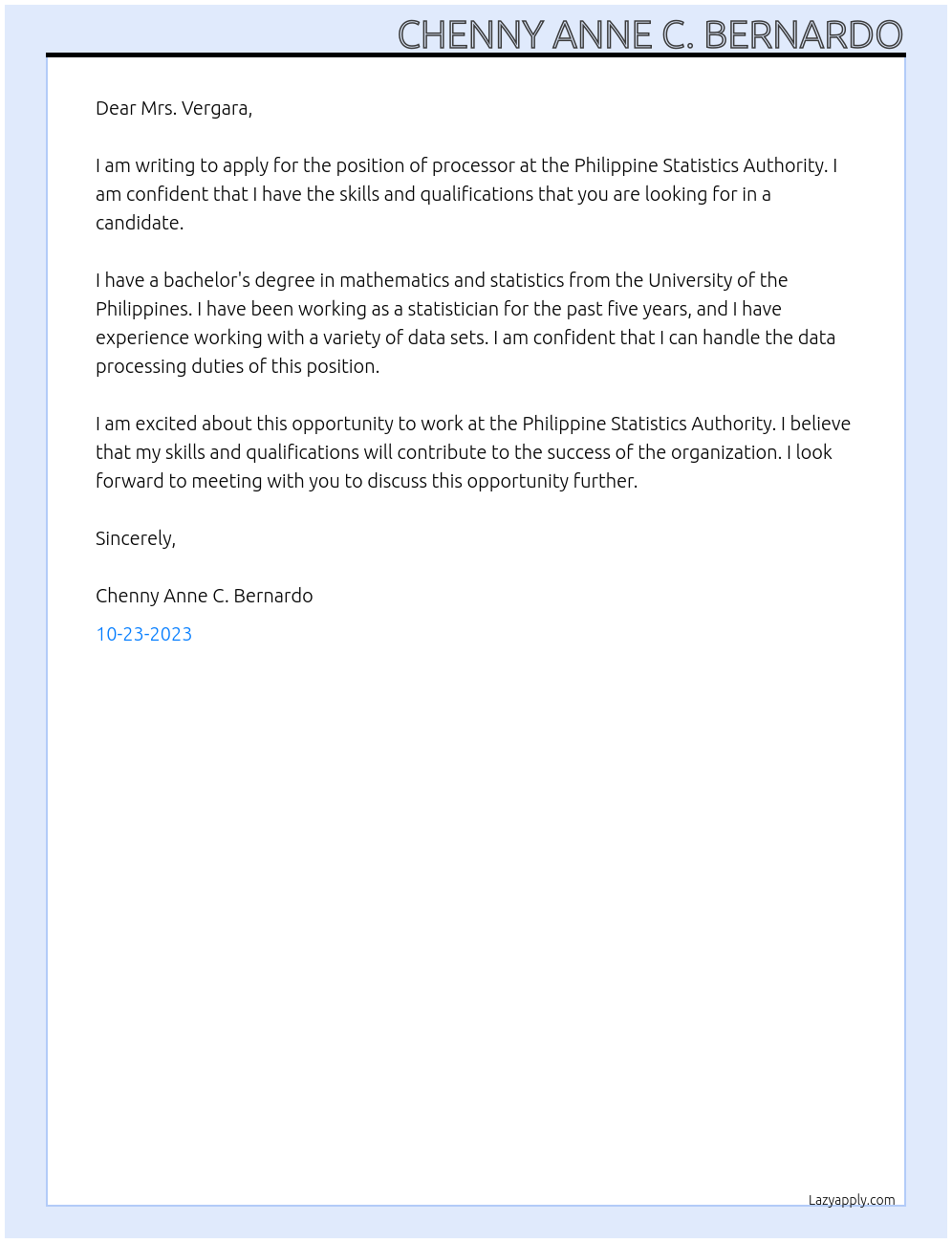 processor At Philippine Statistics Authority Cover Letter