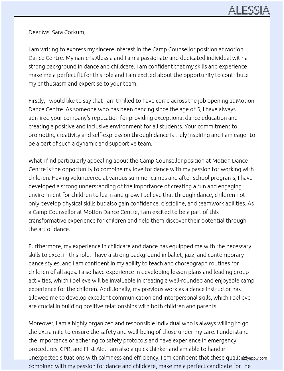 Camp Counsellor At Motion Dance Centre Cover Letter