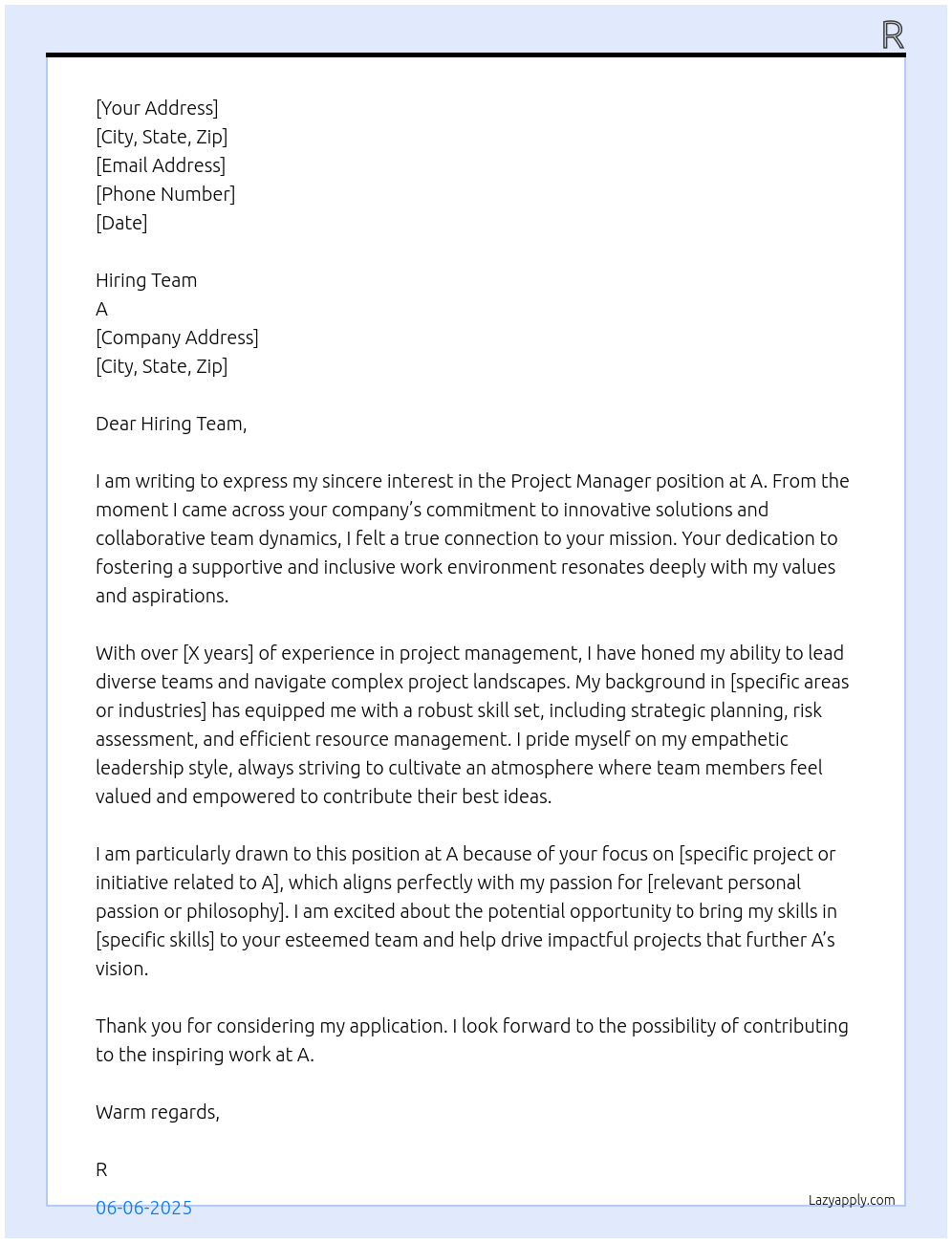 Project Manager At A Cover Letter