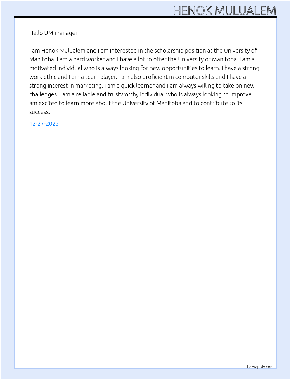 Scholarship At University of manitoba Cover Letter