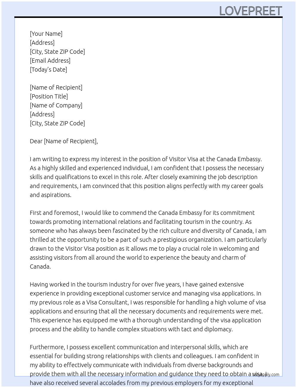 VISITOR VISA  At CANADA Cover Letter