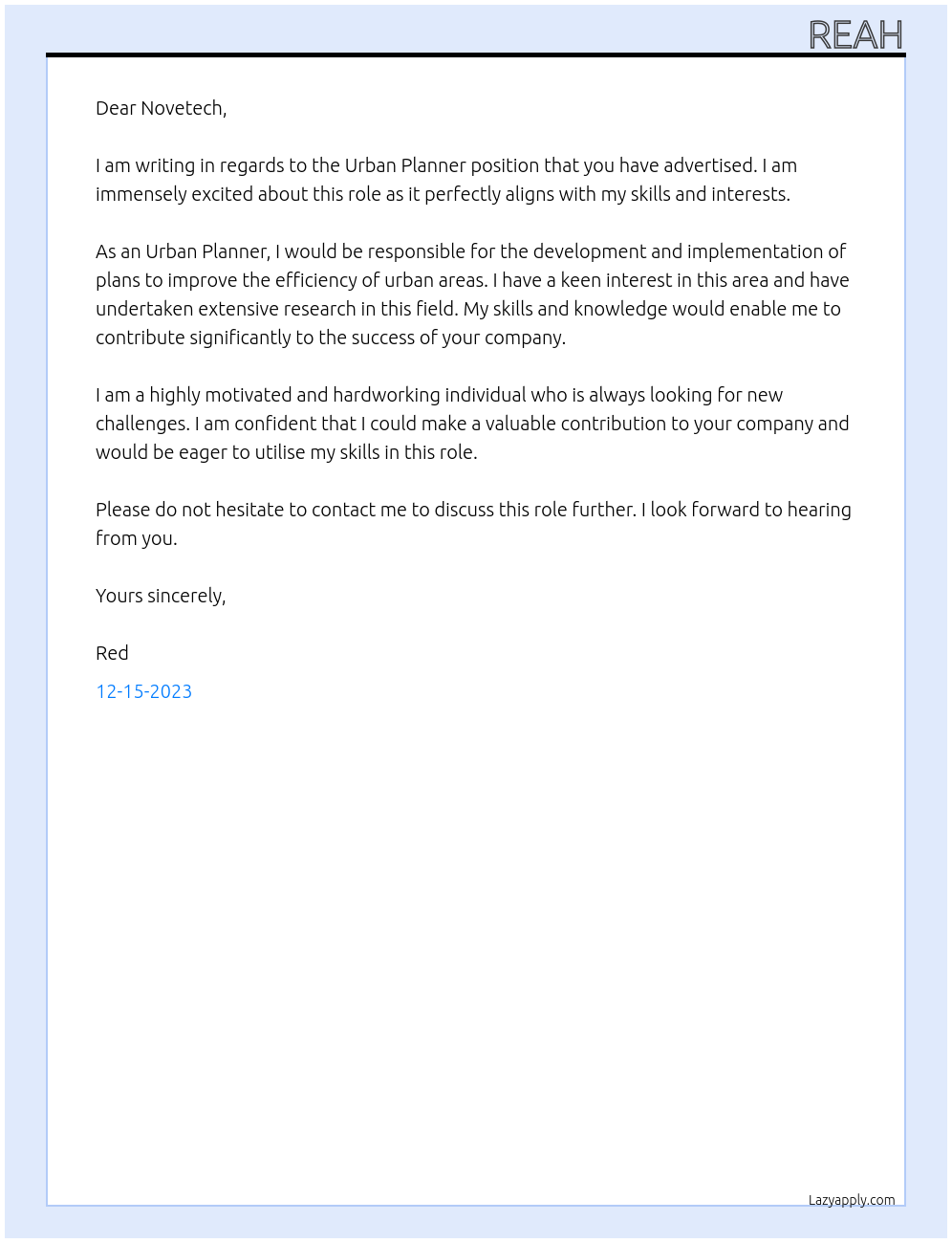 Urban Planner At Novetech Cover Letter