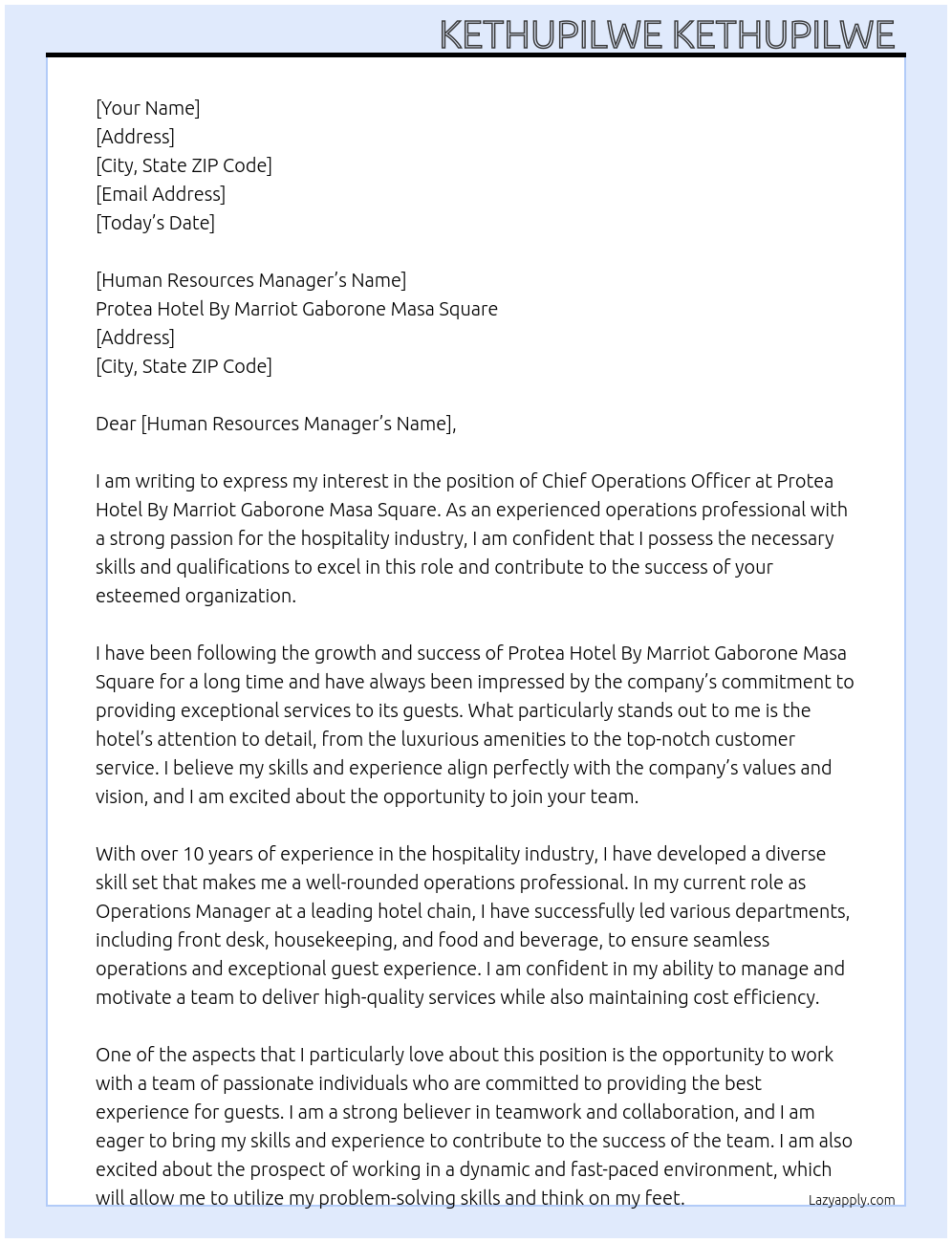 Chief Operations Officer  At Protea Hotel By Marriot Gaborone Masa Square Cover Letter