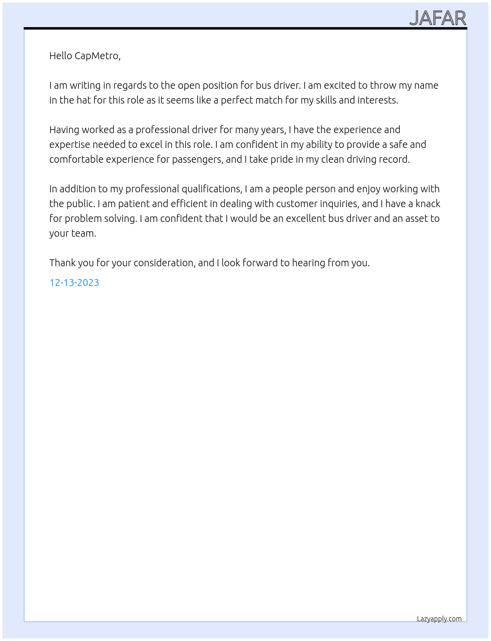 Bus Driver At CapMetro Cover Letter