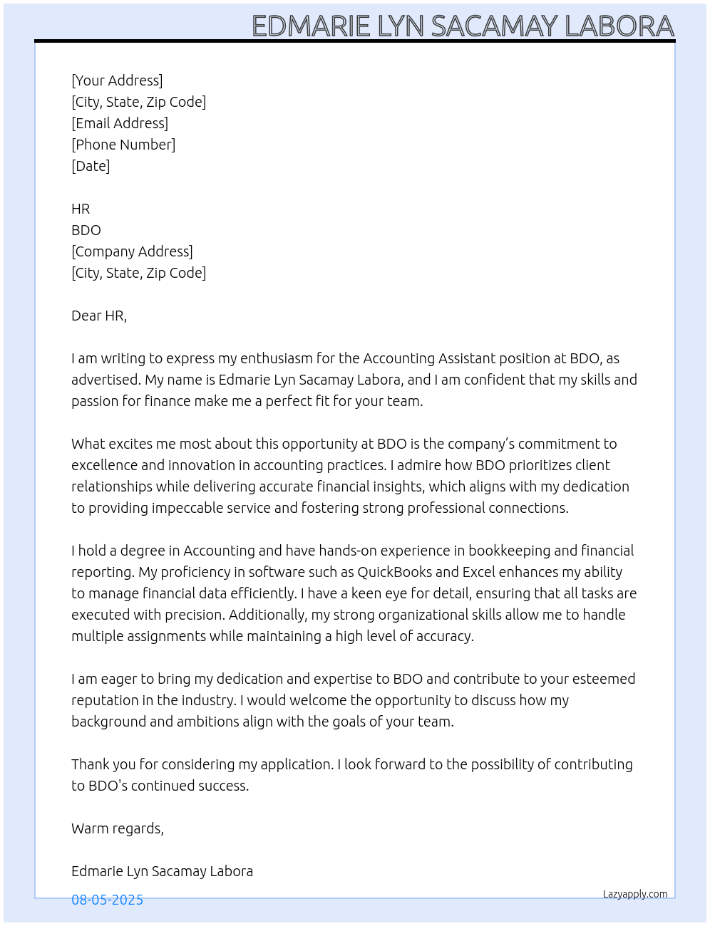 accounting assistant  At bdo Cover Letter