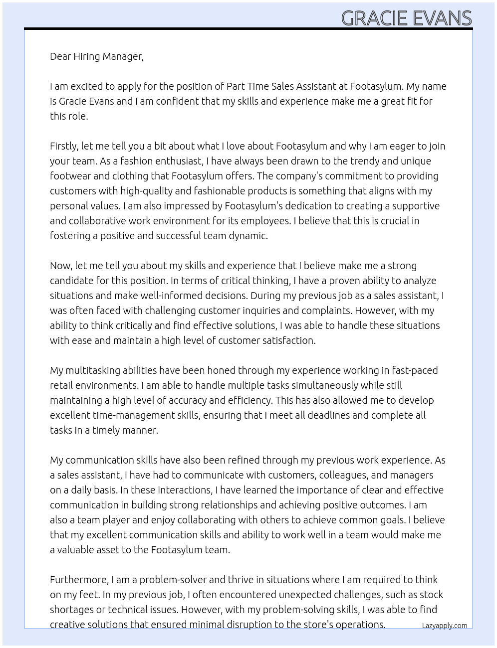 Part time sales assistant At Footasylum Cover Letter