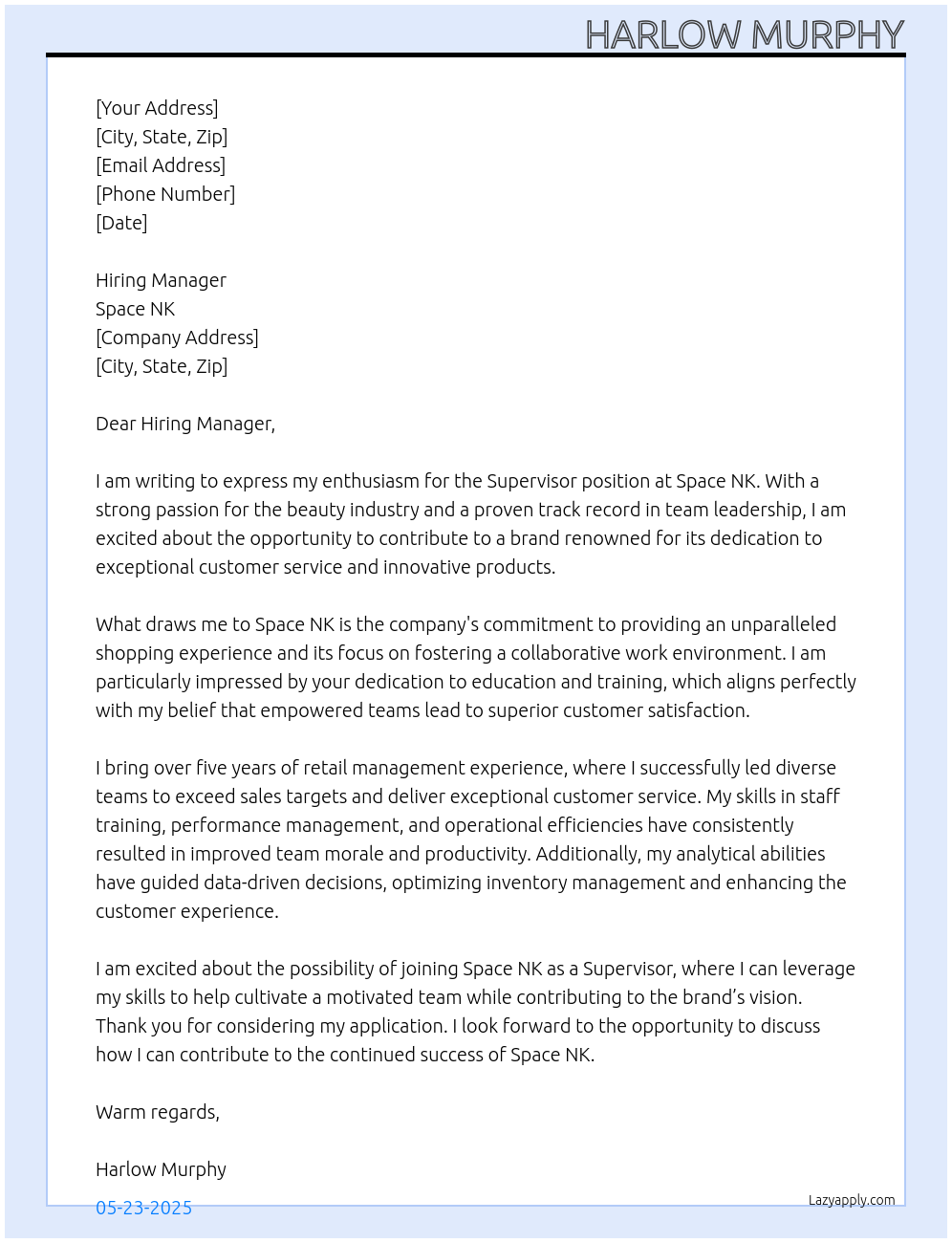 Supervisor At Space NK Cover Letter