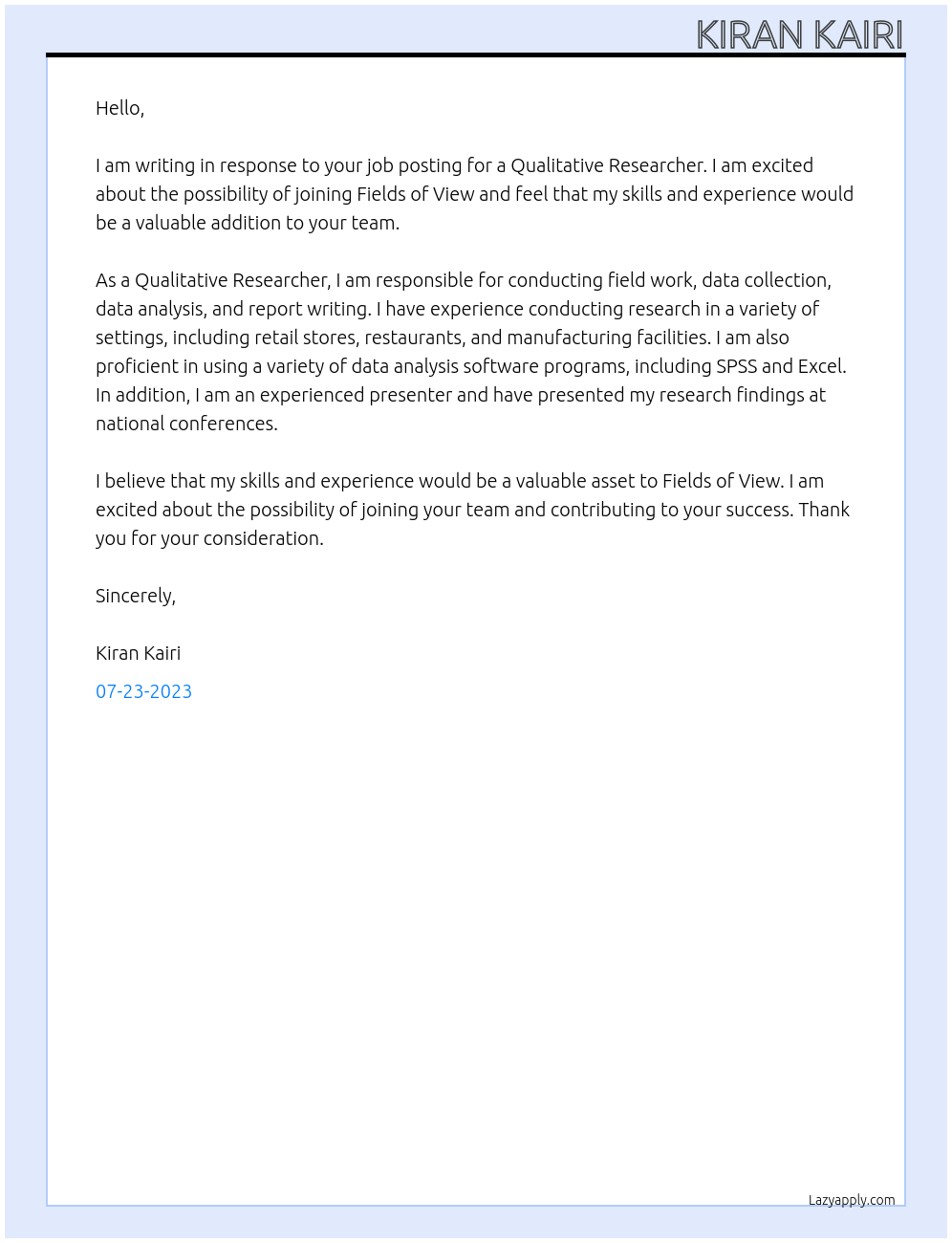 Qualitative Researcher At Fields of View Cover Letter