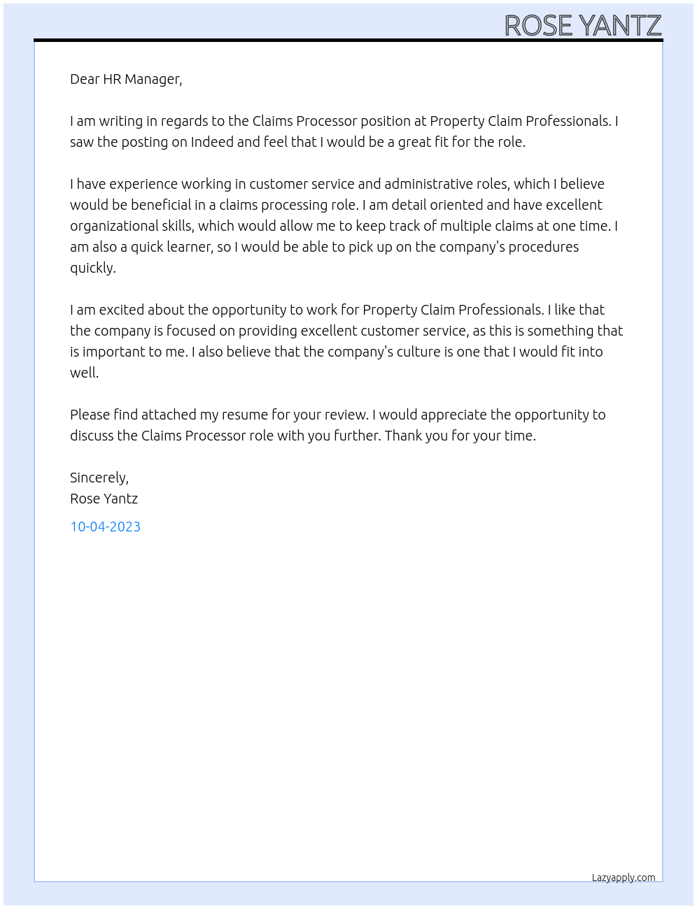 Claims Processor  At Property Claim Professionals  Cover Letter