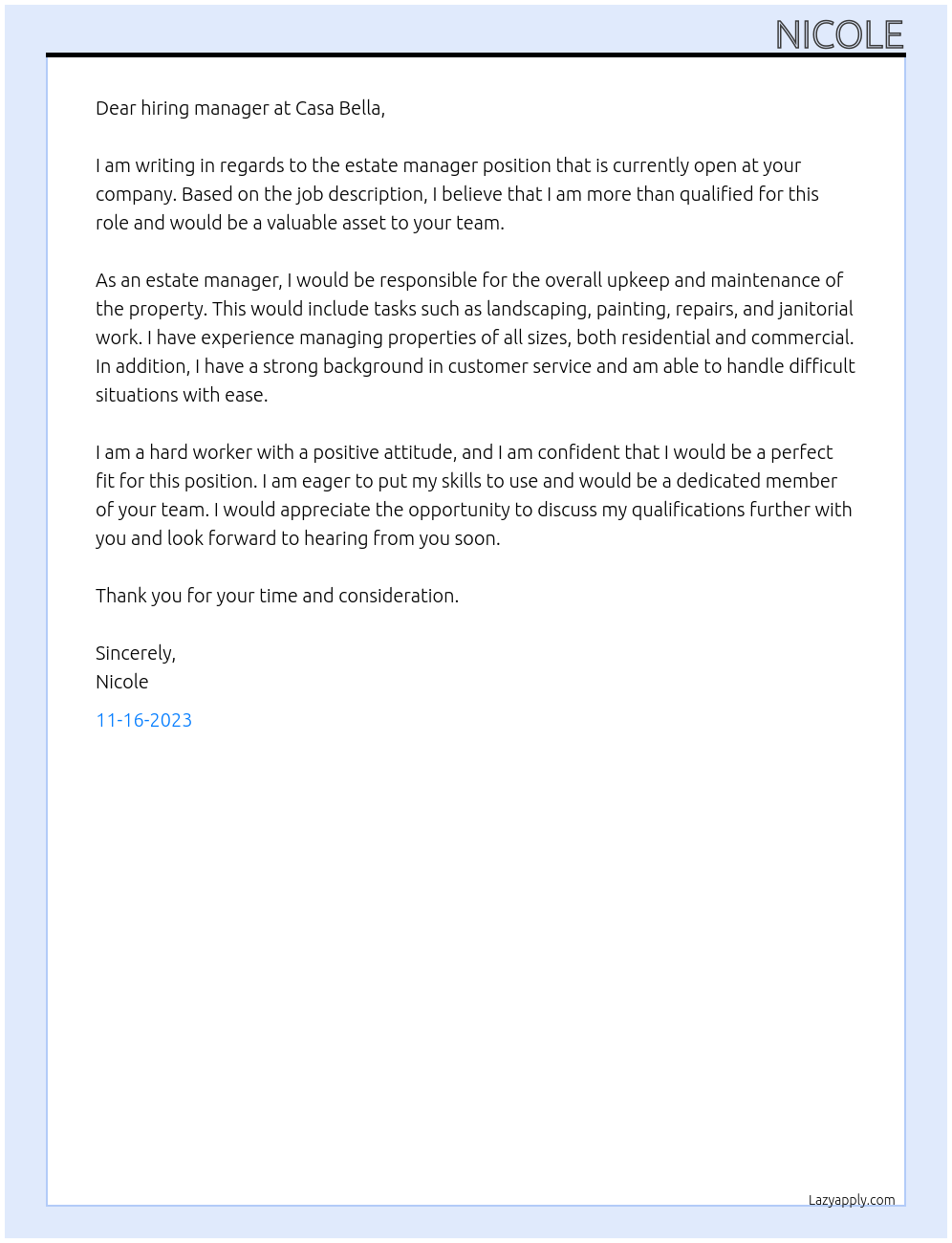 estate manager At Casa Bella Cover Letter