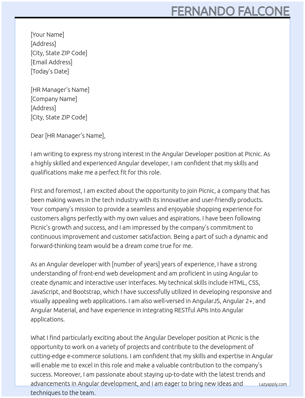 Angular Developer At Picnic Cover Letter