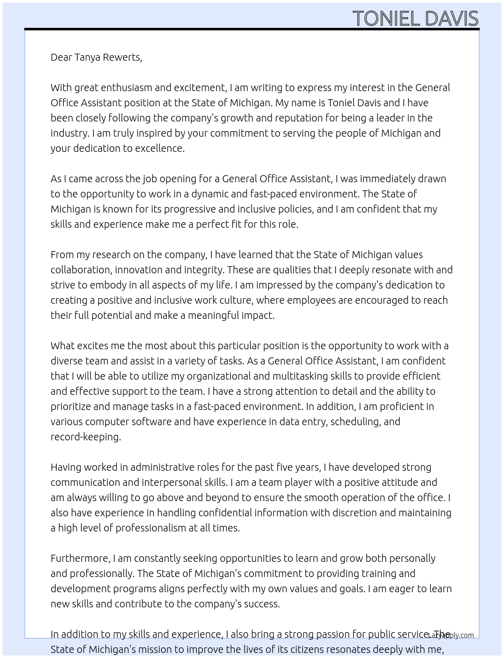 General Office Assistant At State of Michigan Cover Letter