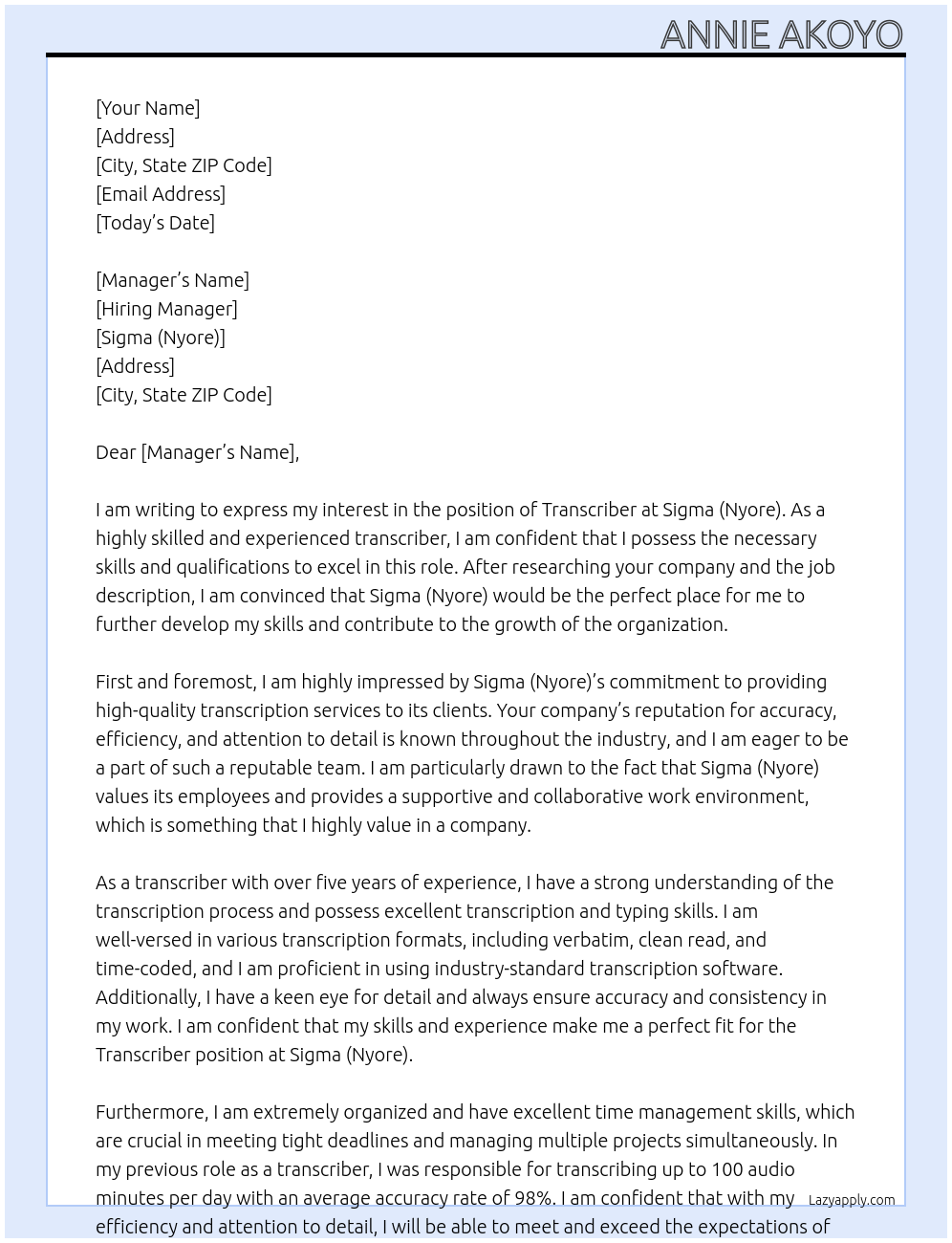 transcriber At Sigma ( Nyore) Cover Letter