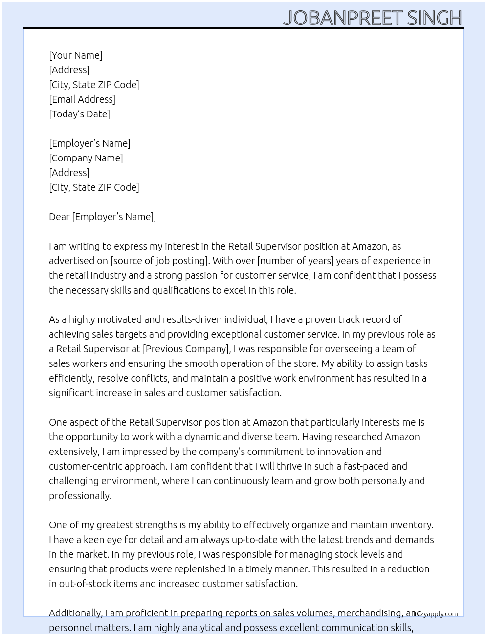 retail  supervisor  At amazon  Cover Letter