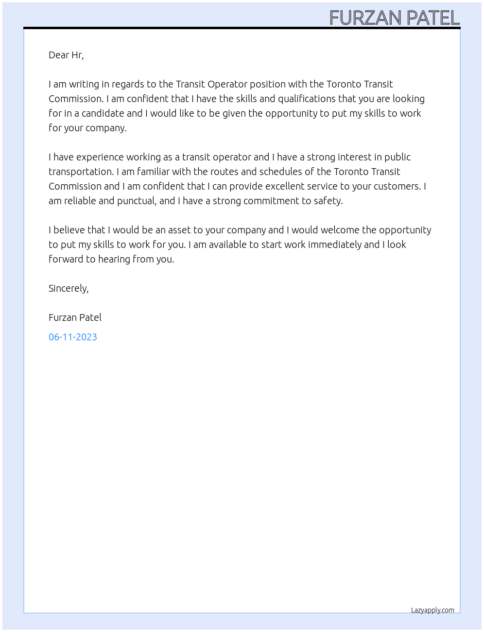 Transit operator At Toronto transit commission Cover Letter