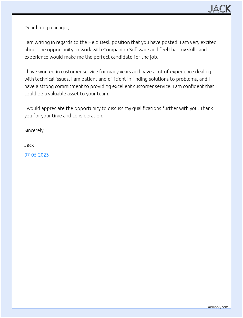 Help desk At Companion software Cover Letter