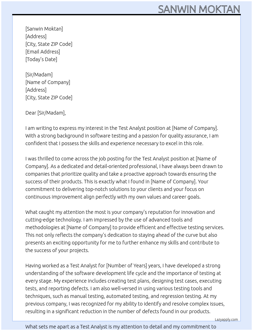 Test Analyst  At CLASS Cover Letter