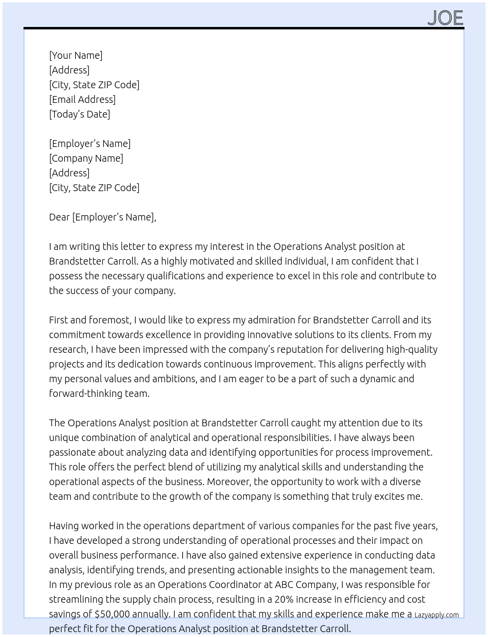 Operations Analyst At Brandstetter Carroll Cover Letter